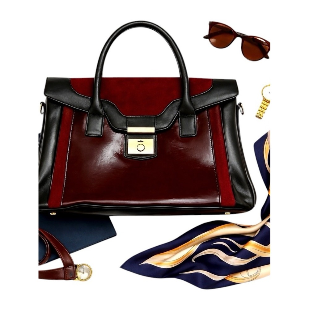 Pourchet Paris Burgundy Black Patent Leather Satchel Structured Vintage Bag